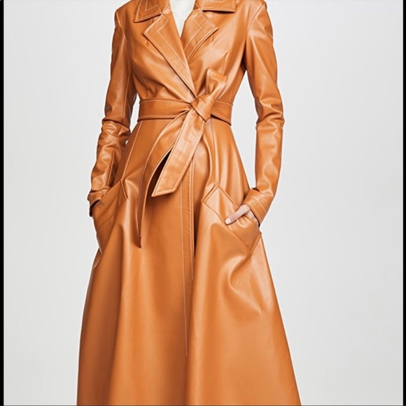 A.W.A.K.E. Mode faux leather trench coat camel tan Ginger bread sz 38 US 6 NWT - Picture 2 of 11